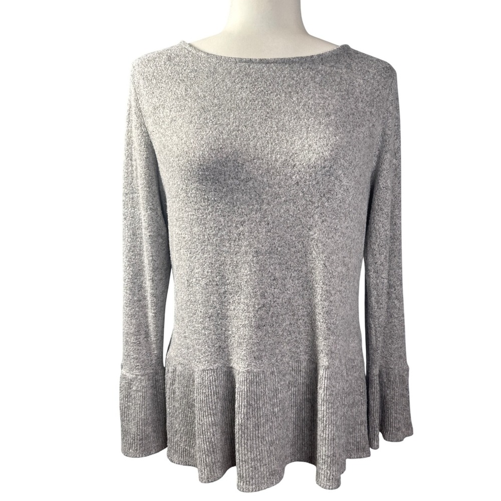 ELLE Gray Marled Knit Peplum Flared Sleeve Sweater Top Tunic Womens M